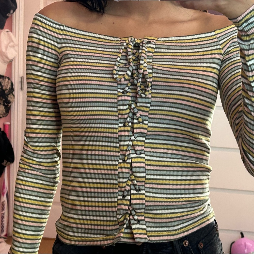 Long sleeve off the shoulder multi color shirt